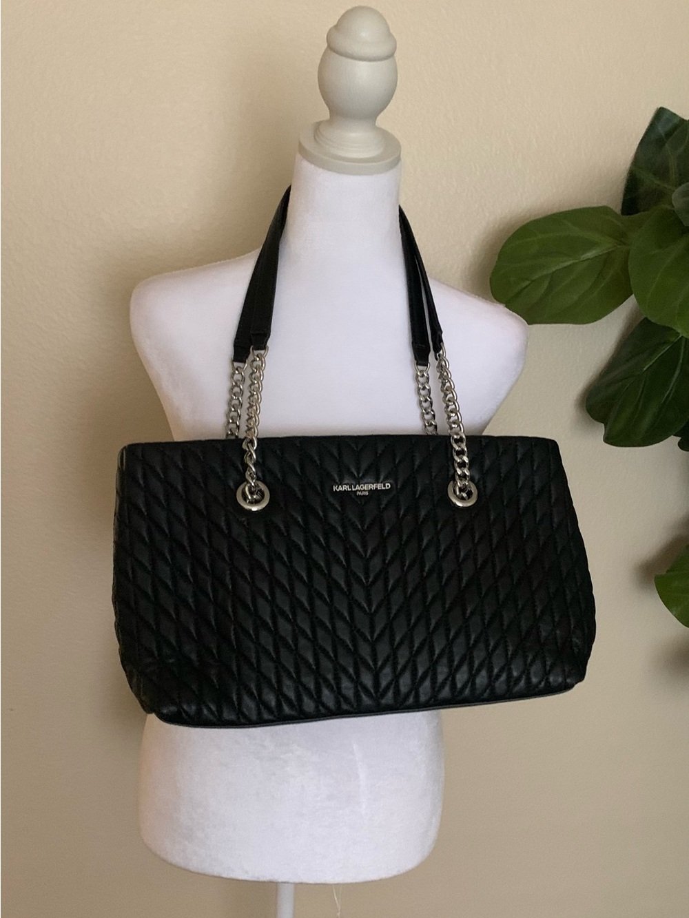 Karl Lagerfeld Black Quilted Chevron Tote with Chain Straps - Picture 5 of 16